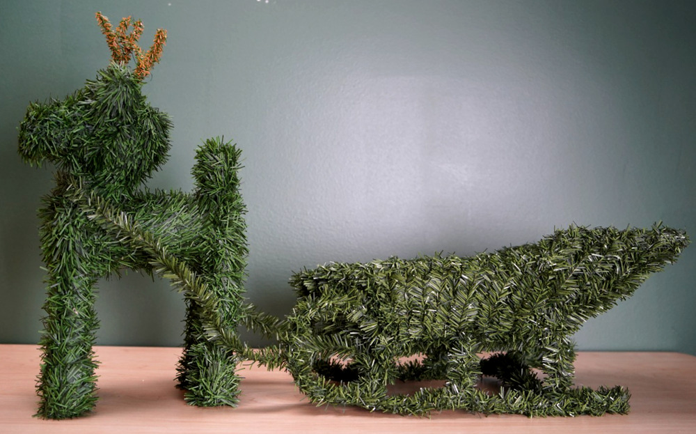 Christmas Decor Artificial Faux Green Pine Topiary 15" Reindeer with 15" Sleigh